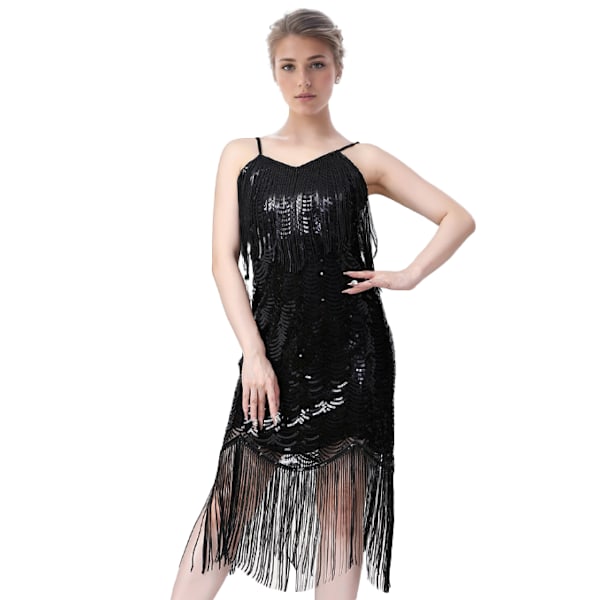 Dam Latin Dans Franskjol Klänning Party Kostym Paljett Sexig Linje Kostym Black L