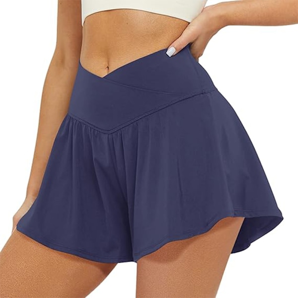 Crossover Athletic Shorts för kvinnor 2 i 1 Flowy Running Shorts Navy Blue M