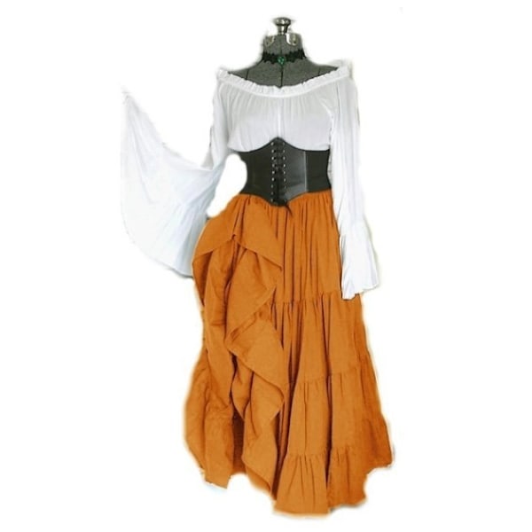 Kvinders Renaissance Middelalder Kostume Flare Ærme Korset Skørt Overskørt Fancy Dress Orange 5XL