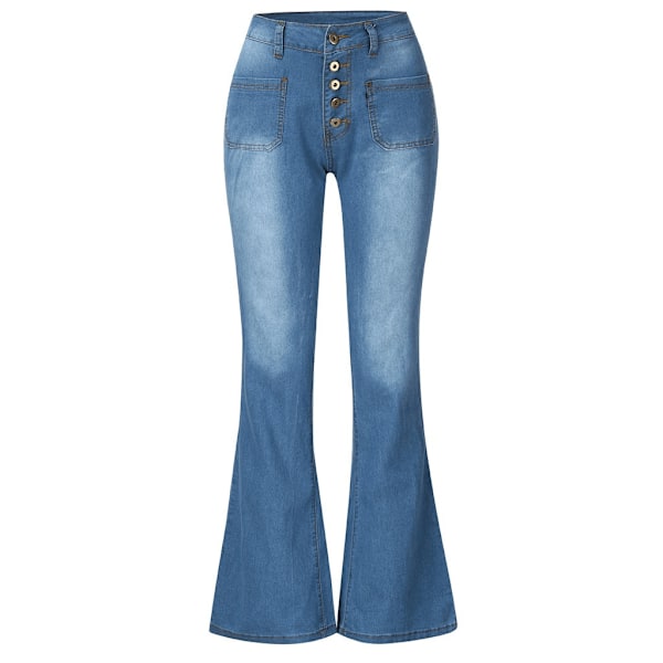 Utsvängda jeans för dam, hög midja med knappar, vida byxor med utsvängd nederkant baby blue 4XL