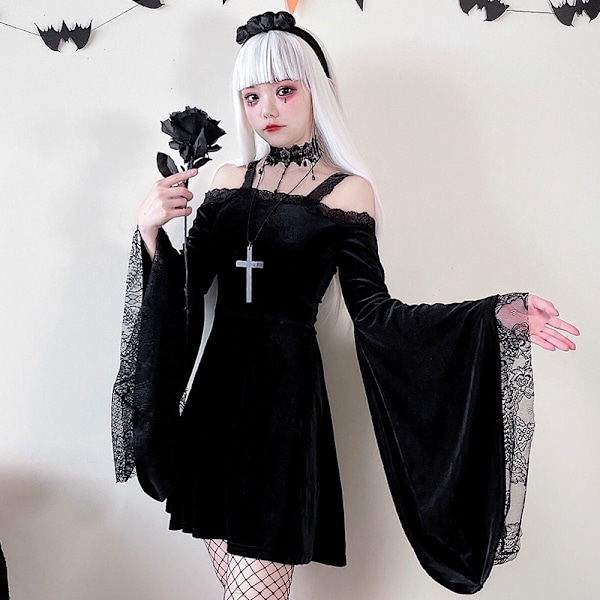 Gotisk Fløjl Halterkjole Lang Flare Ærme Fairy Lolita Kjole L