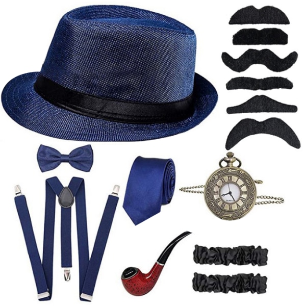 Herrtillbehör från 1920-talet Fedora Gangster Hat Kostym blue