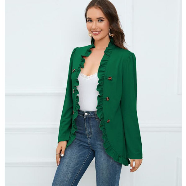 Kvinners Ruffled Lapel Knappelukking Jakke Green 2XL