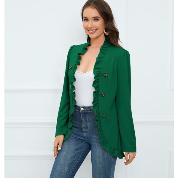 Kvinners Ruffled Lapel Knappelukking Jakke Green L