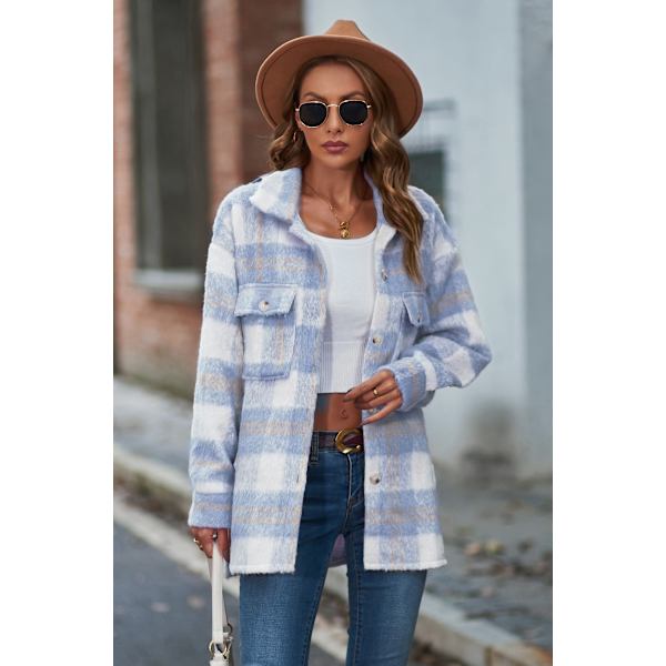 Dametøj Langærmet Casual Plaid Shacket Jakker Skjorter Lapel Tweed Peacoat Light Blue L