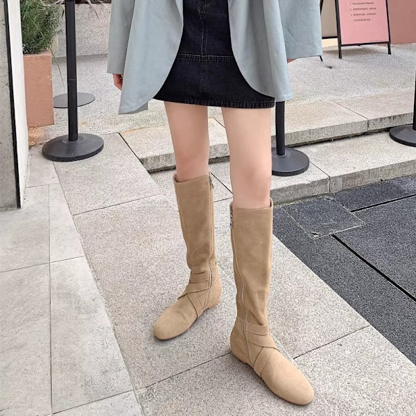 Damkängor med knähöjd, platta, varma höststövlar med blixtlås på sidan Beige 38