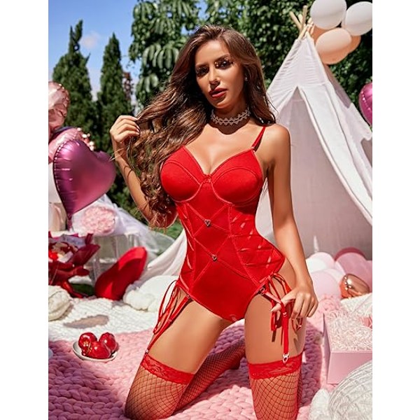 Damunderkläder för Kvinnor Sexig Korsett Strumpeband Set Red 2XL