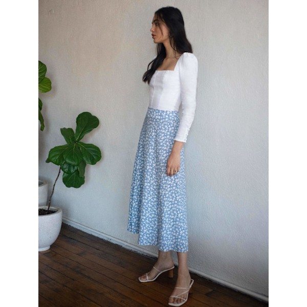 Sommarflödande midikjolar med slits för damer, ledig blommig kjol med hög midja blue XL