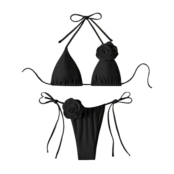 Dam 2-delad 3D Ros Bikini Baddräkt Hög Midja Badkläder Strandkläder black M