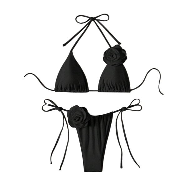 Dam 2-delad 3D Ros Bikini Baddräkt Hög Midja Badkläder Strandkläder black S