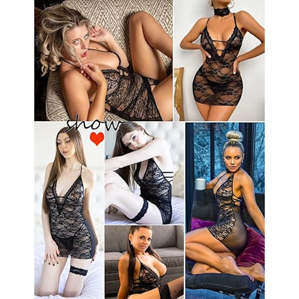 Kvinners Babydoll Lingeri Blonder Chemise Halter Nattkjole Teddykjole black L