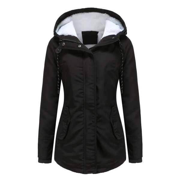 Varm vinterjacka med Sherpa-foder för kvinnor, tung parkas med huva Black XL