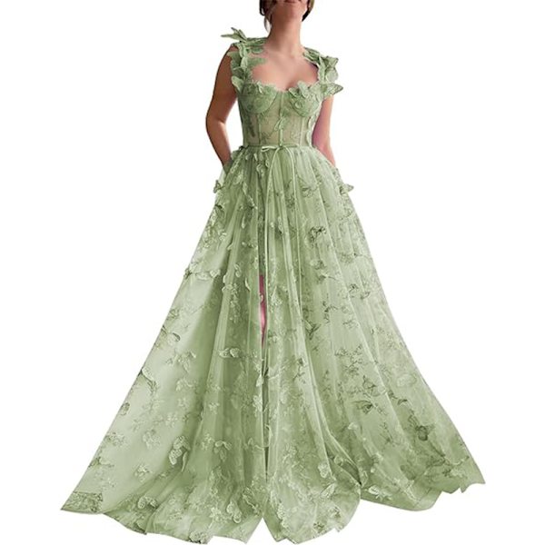 3D Butterfly Tulle Aftenskjole til Kvinder, Blonder Applikation Prinsesse Aftenskjole GREEN 16