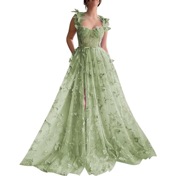 3D Butterfly Tylle Balklänningar för kvinnor, Spetsapplikation Princess Balklänning GREEN 18W