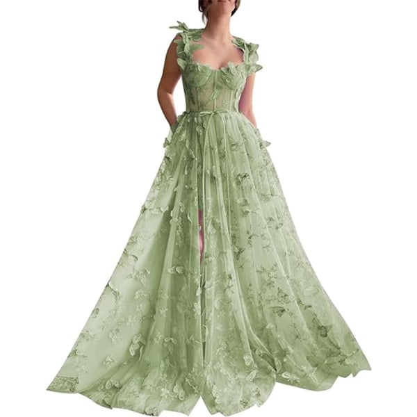 3D Fjärils Tulle Bal-klänningar för Kvinnor, Spetsapplikation Prinsessbalklänning GREEN 16