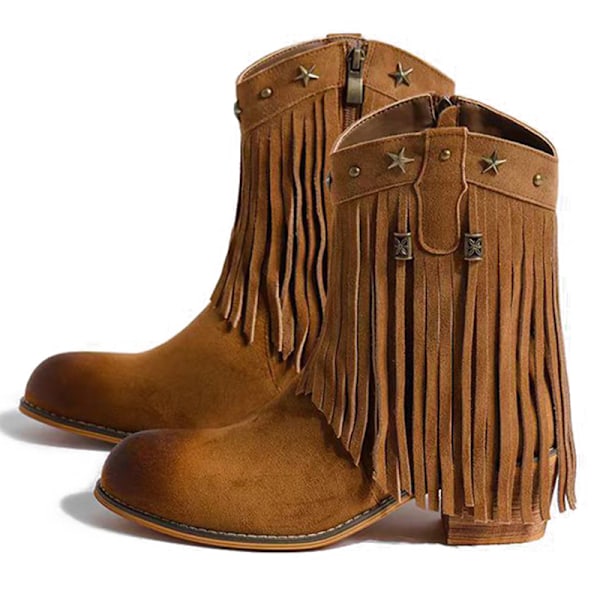 Dame Frynse Western Støvler Bred Læg Ridestøvler Cowgirl Cowboy Støvler Dark Brown 39