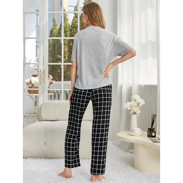 Dam Lounge Set i Bomull och Linne, Kortärmad Topp, Pyjamas, Långa Byxor Grey L