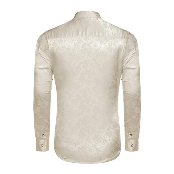 Mænds Silke Satin Kjole Skjorter Jacquard Langærmet Blomster Skjorte white XL