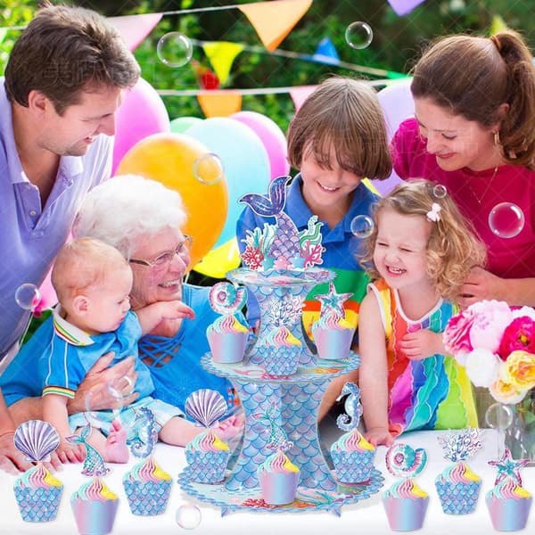 Havfrue Cupcake Stativ - 3-etasjes Papp Cupcake Stativ
