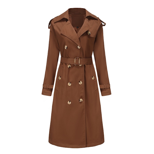 Kvinnors Trenchcoat Lång Dubbelknäppt Höstmode Klassisk Krage Slank Överrock Brown M