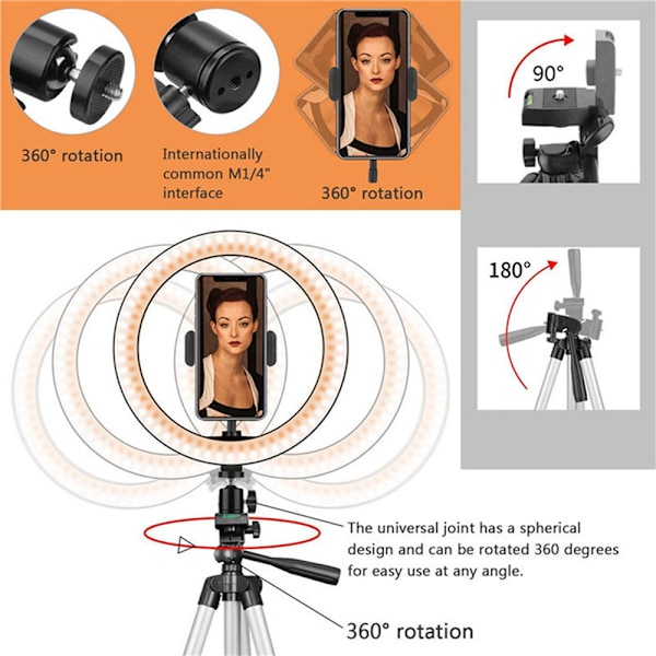 10'' Rengasvalo, Laajennettava Tripod-jalusta, LED-ympyrävalot SILVER