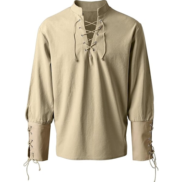 Piratdräkt för män Medeltida Gotisk Snörning Långärmad Skjorta Renässans Khaki 2XL