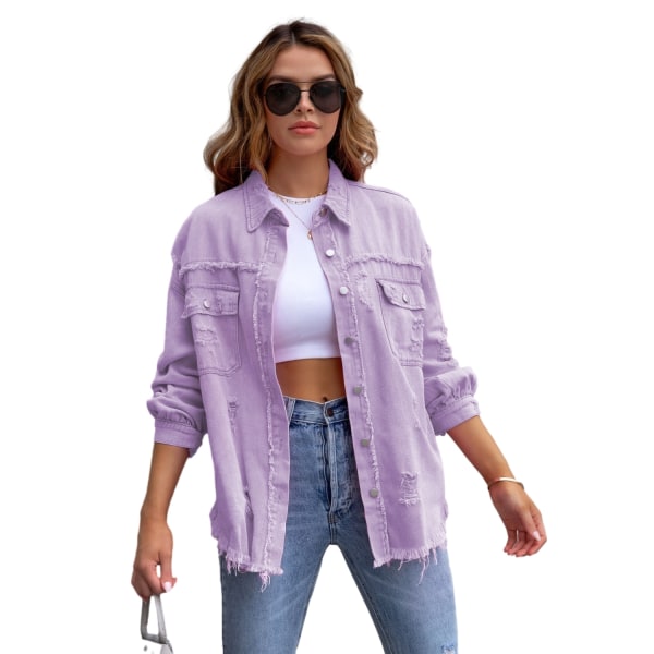 Kvinnors långärmad jeansjacka med rippad casual lapeljacka Purple M