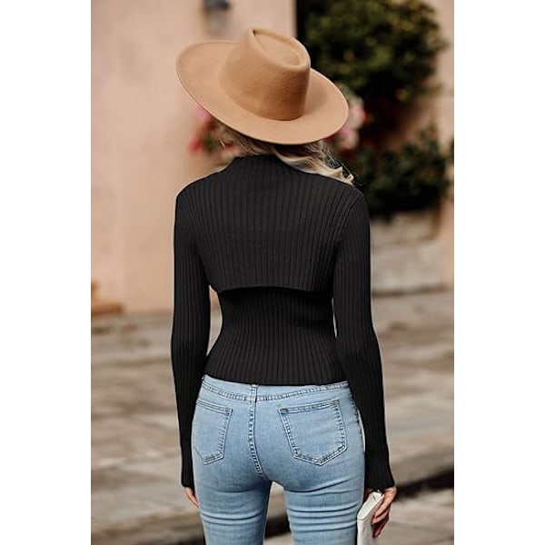 Dam 2-delad Utskuret Topp Långärmad Mock Neck Ribbstickad Vintertröja Black M