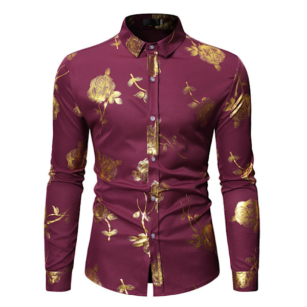 Herrar Hipster Slim Fit Långärmad Knappskjortor Wine Red 2XL