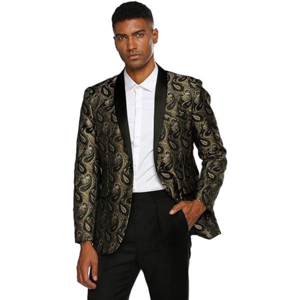 Herrar Blommig Smokingjacka Paisley Sjal Krage Blazer Jacka Golden XXL