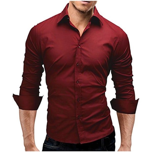 Miesten Slim Cotton Pitkähihainen Napit-Paita Red M