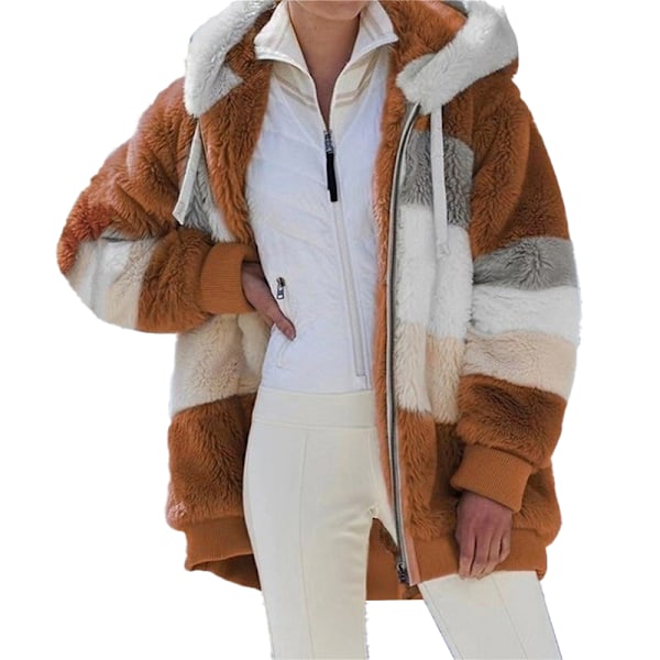 Damjacka med huva i fluffigt fleece, vinterjacka, cardigan, ytterkläder Brown 4XL