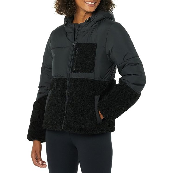 Vinterjakke for kvinner i sherpa-fleece med lappverk Black L