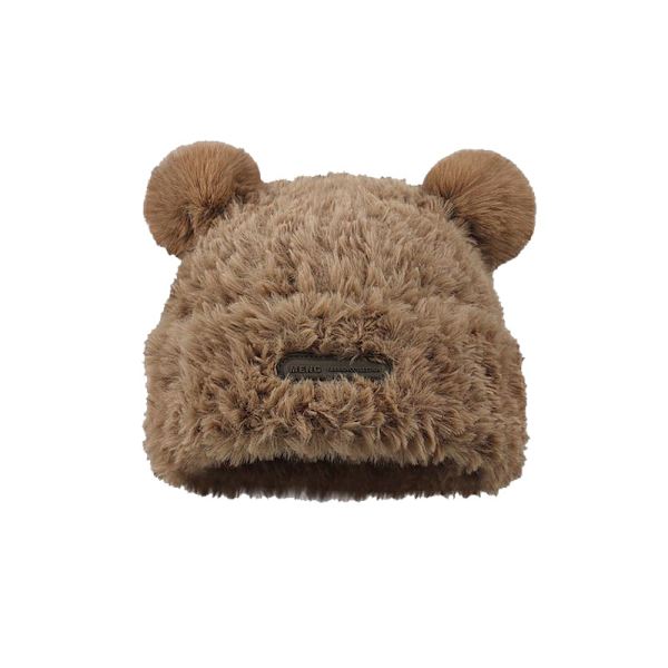 Søt Fuzzy Bjørnøre Beaniehatt for Kvinner Brown