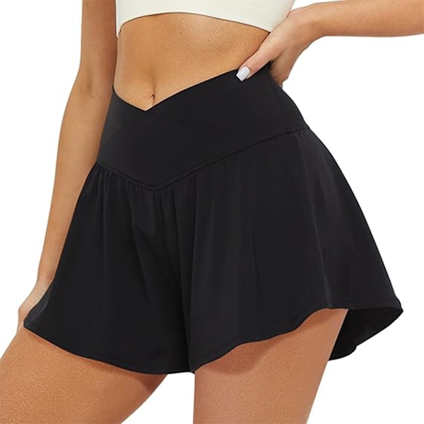 Crossover Athletic Shorts för kvinnor 2 i 1 Flowy Running Shorts Black M