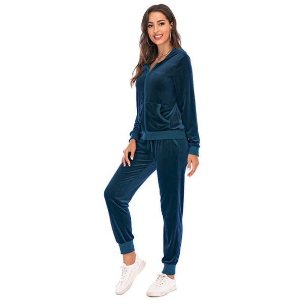 Träningsoverall för kvinnor Set 2-delade kostymer Velour Sweat Outfits BLUE S