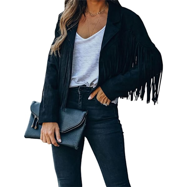 Dame Faux Suede Læderfrynsejakke, Motorcykel Åben Front Tassel Frakke BLACK L