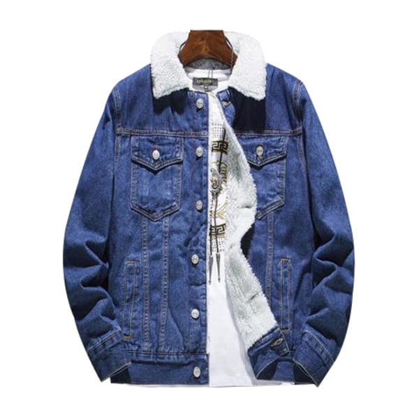 Mænds Lapel Sherpa Fleeceforet Tyk Denim Jean Trucker Jakke Frakker Dark Blue M