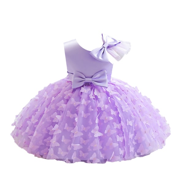 Flickor Tulle En-axlad Klänning, Toddler Bowknot Formell Fest Bröllop Tutu Klänning PURPLE 90CM
