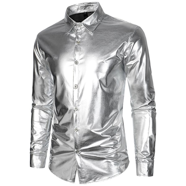 Miesten Luksus Kiiltävä Silkkimainen Satiini Napitettu Pukeutumispaita Silver 2XL