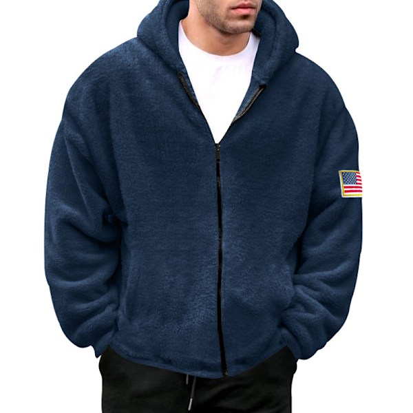 Mænds Vinter Sherpa Foret Hoodie Lynlås Trøje Jakke Navy M