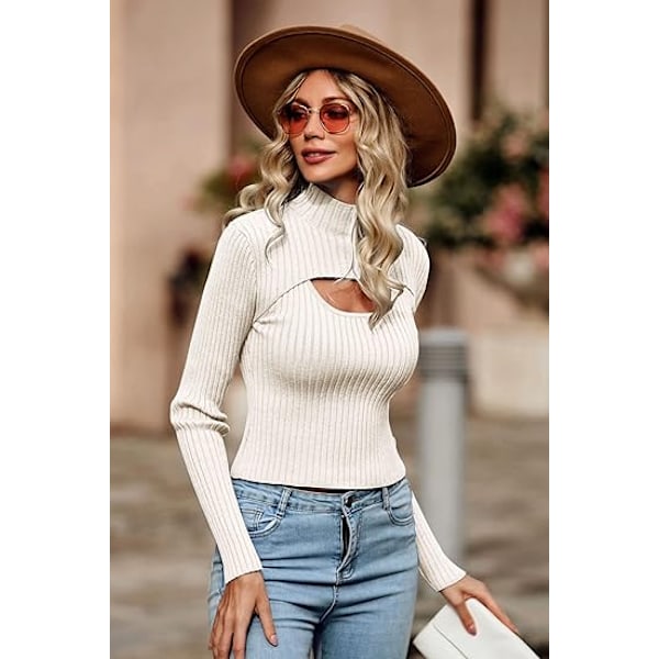 Dam 2-delad Utskuret Topp Långärmad Mock Neck Ribbstickad Vintertröja White M
