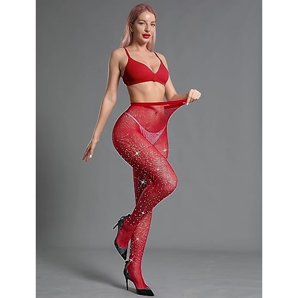 Kvinders Glimmer Rhinestone Fiskenetstrømper Red