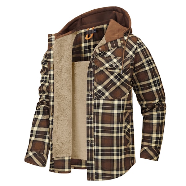 Mænds Flanneljakke Løstsiddende Plaid Sherpaforet Flannelskjorte Trykknapper Varme Vinterjakker Lommer Brown L