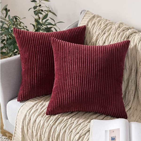 2 stk Fløyelsputetrekk, Ensfarget Stripete Putetrekk (45*45cm) Dark Red