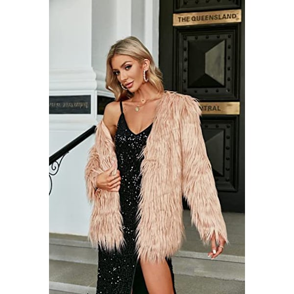 Dame Langærmet Fluffy Faux Fur Varmt Frakke Light Pink M