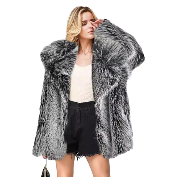 Kvinners Fluffy Faux Fur Leopard Åpen Front Cardigan Lang Frakk Yttertøy Grey L