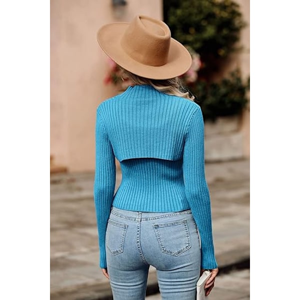 Dam 2-delad Utskuret Topp Långärmad Mock Neck Ribbstickad Vintertröja Blue M