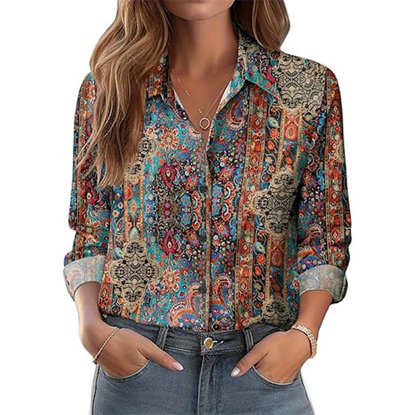 Dam Skjortor med Knappar Blommig Tryck Långärmad Vardaglig Topp Brown XL
