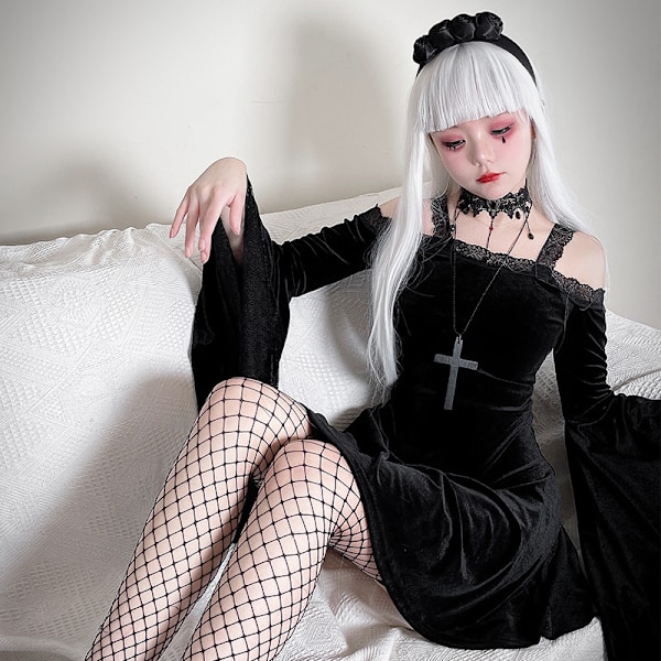 Gotisk Fløjl Halterkjole Lang Flare Ærme Fairy Lolita Kjole XL